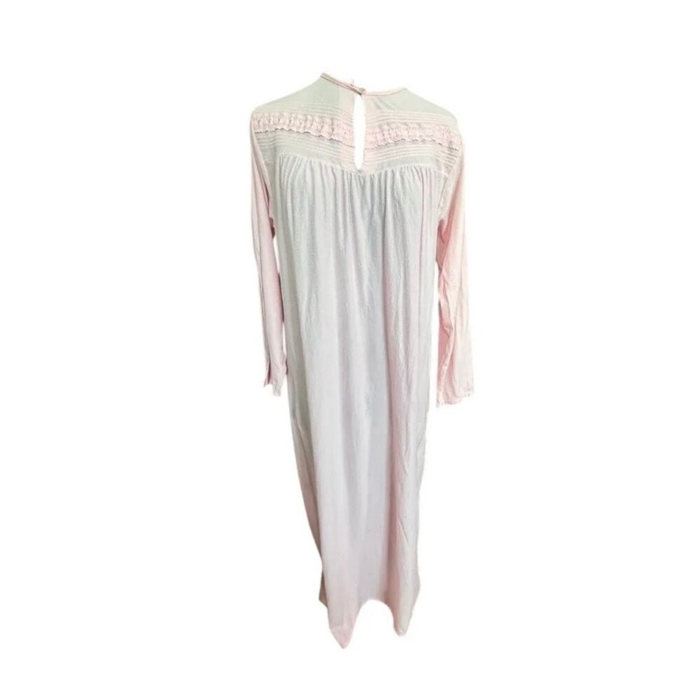70s Katz Pink Peach Nylon Nightgown Lace Trim Long Sleeve Vintage M